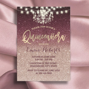 Invitation Quinceanera Rose moderne Or & Parties scintillant 