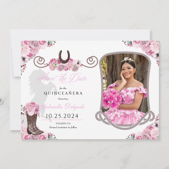 Invitation Quinceañera Rose Occidentale Enregistrer La Date P (Devant)