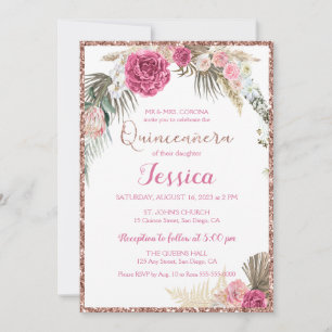 Invitation Quinceanera Rose or Parties scintillant florale In