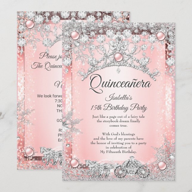 Invitation Quinceanera rose pâle 15e transport d'hiver (Devant / Derrière)