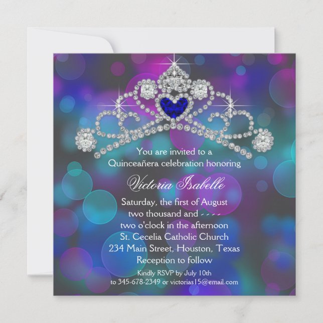 Invitation Quinceanera rose pourpre et bleu Turquoise (Devant)