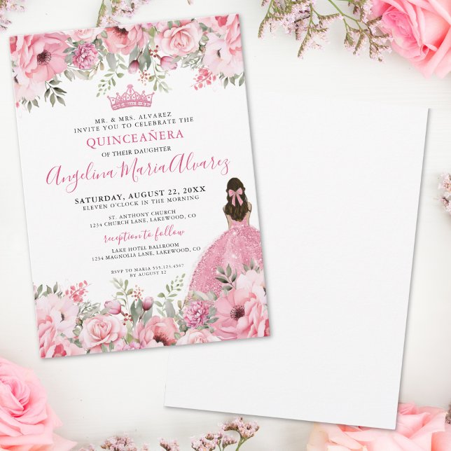 Invitation Quinceanera rose Rose floral (Floral Rose Pink Quinceanera Invitation)