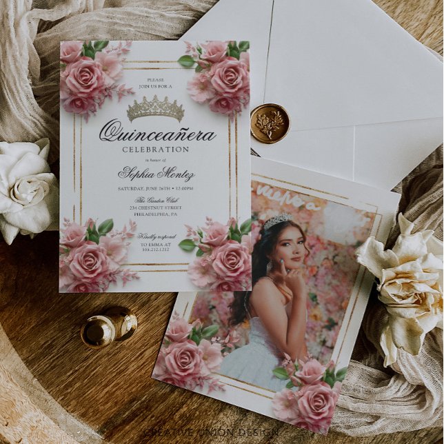 Invitation Quinceañera Rose Rose Gold Frame 15e anniversaire (Créateur téléchargé)