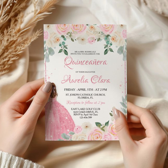 Invitation Quinceañera Rose rose pâle Floral Tiara (Créateur téléchargé)