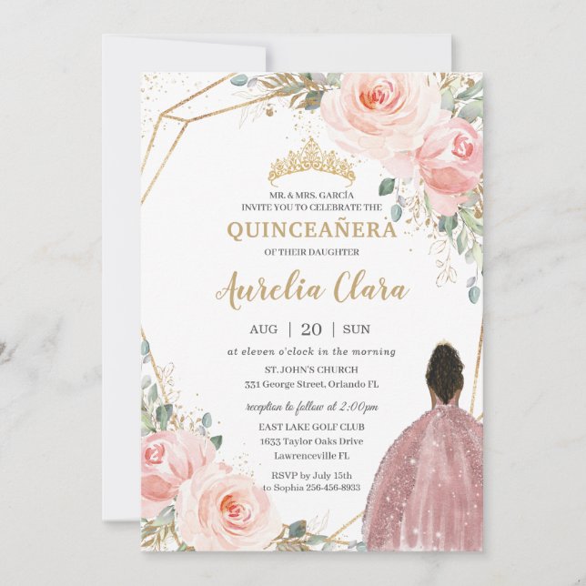 Invitation Quinceañera Rose rose rose rose florale princesse  (Devant)