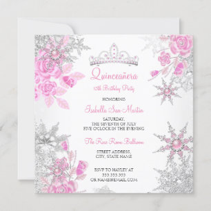 Invitation Quinceanera Rose Rose Winter Wonderland Snowflake