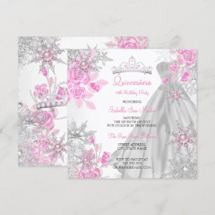 Invitation Quinceanera Rose Rose Winter Wonderland Snowflake