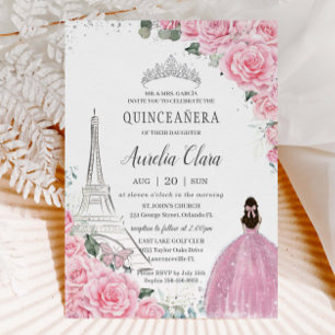 Invitation Quinceañera Rose Roses Floral Paris Eiffel Argent
