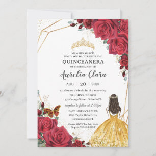 Invitation Quinceañera Rose rouge Floral Robe Jaune Princesse