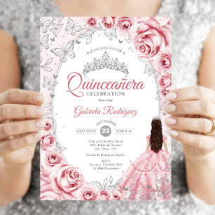 Invitation Quinceanera Rose Silver Floral