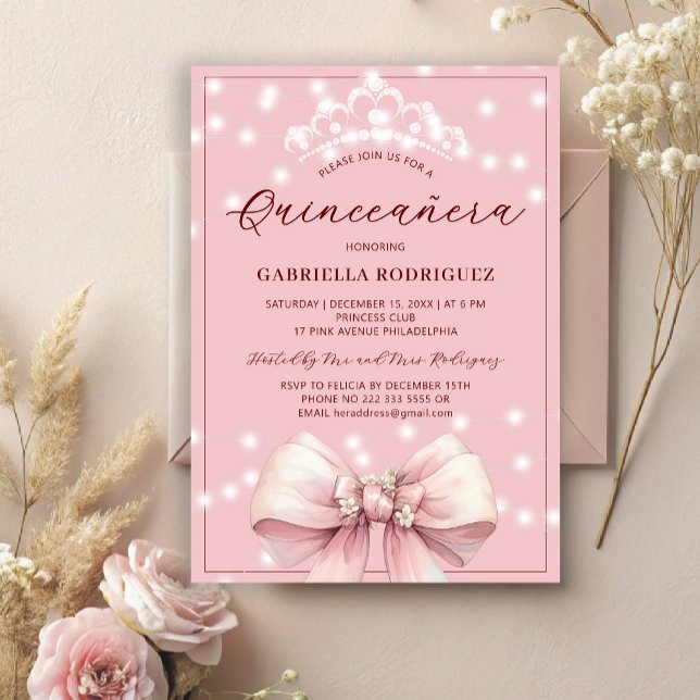 Invitation Quinceanera rose tiara élégant 15e anniversaire (Créateur téléchargé)
