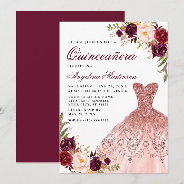 Invitation Quinceanera Rosée Parties scintillant Rosée Robe B (Devant / Derrière)
