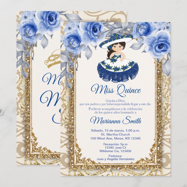 Invitation Quinceañera Roses Bleu Marine et Or (Devant / Derrière)