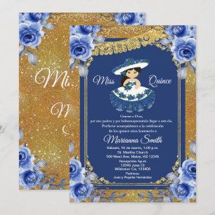 Invitation Quinceañera Roses Bleu Royal Or 