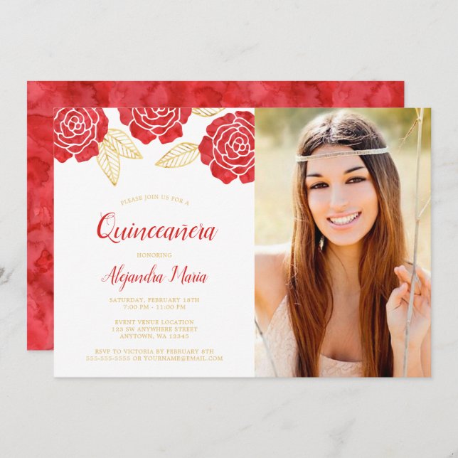 Invitation Quinceanera Roses d'or rouge moderne (Devant / Derrière)