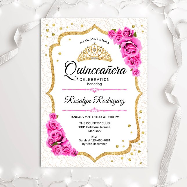 Invitation Quinceanera - Roses roses roses blanches (Créateur téléchargé)