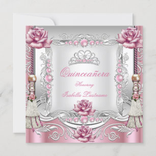 Invitation QUINCEANERA Roses roses Tassels Pompons Diadème ar