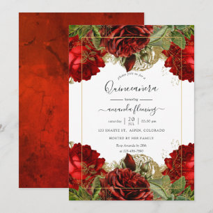 Invitation Quinceañera Roses Rouges Bourgogne et Or Vintage