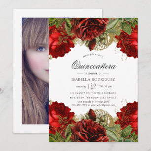 Invitation Quinceañera Roses rouges de Bourgogne et or vintag