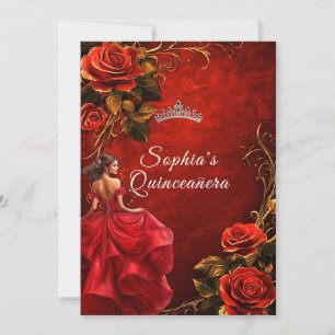 Invitation Quinceanera Roses Rouges et Couronne de Robe