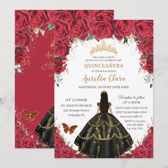 Invitation Quinceañera Roses Rouges Fleurs Roses Noir Rose Or (Devant / Derrière)