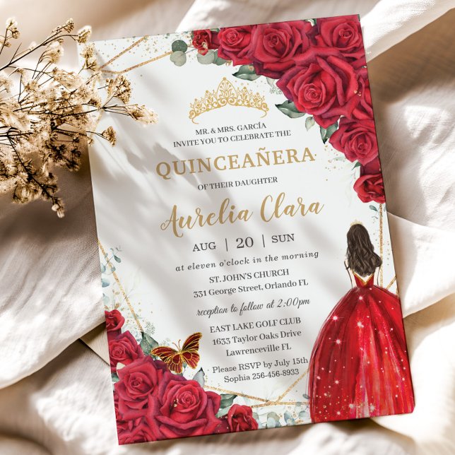 Invitation Quinceañera Roses rouges Floral Gold Princess Crow (Créateur téléchargé)