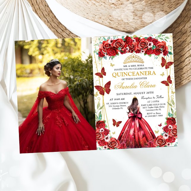 Invitation Quinceañera Roses rouges Floral Princesse Photo (Créateur téléchargé)