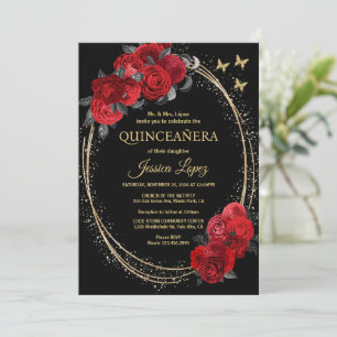 Invitation Quinceanera Roses Rouges Noires Fleurs Papillon Or