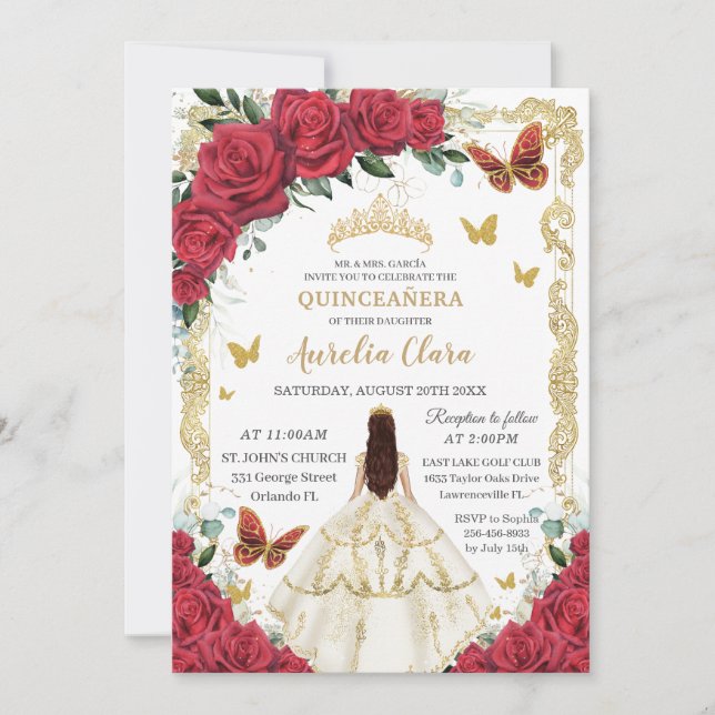 Invitation Quinceañera Roses rouges Roses florales Robe blanc (Devant)