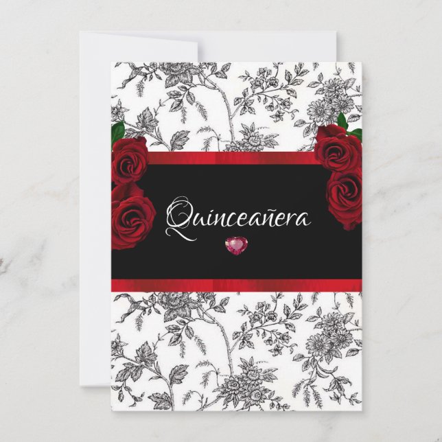 Invitation Quinceanera Roses Rouges Rouge Satin Noir Blanc To (Devant)