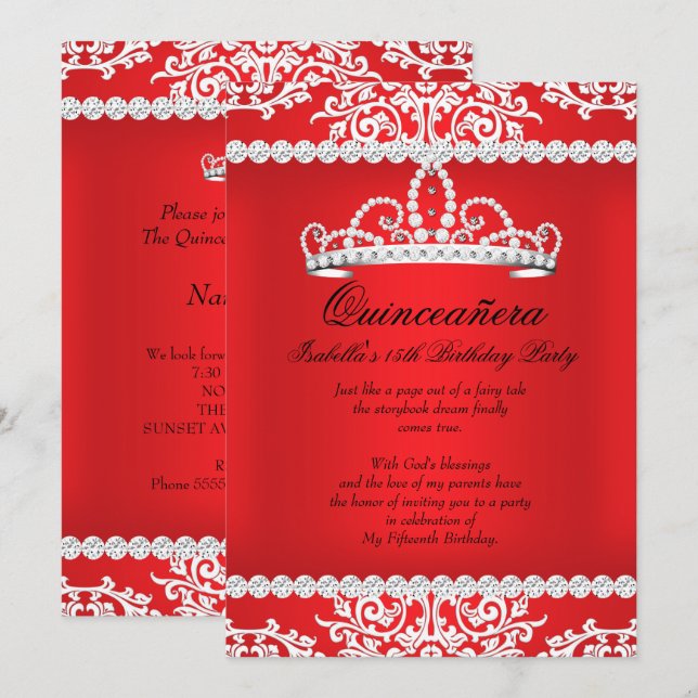 Invitation Quinceanera rouge 15ème anniversaire fête Tiara (Devant / Derrière)