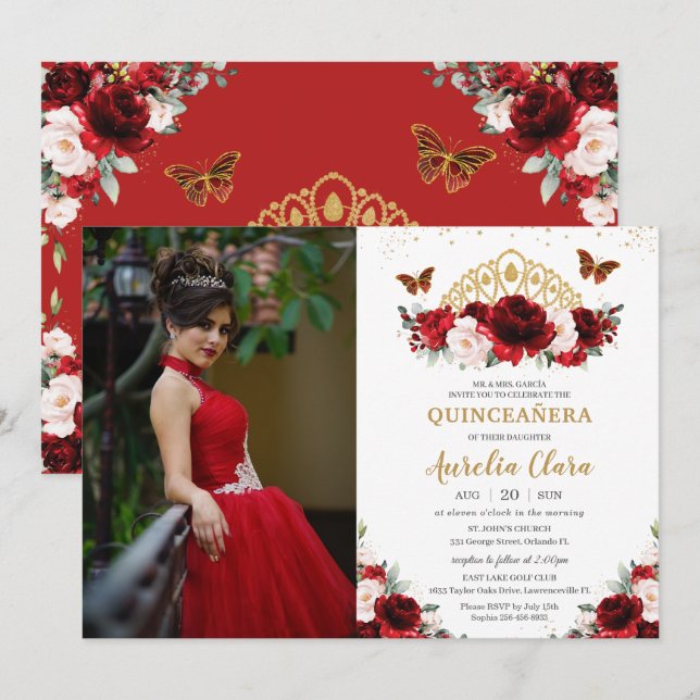 Invitation Quinceañera Rouge Blush Floral Papillons Couronne (Devant / Derrière)