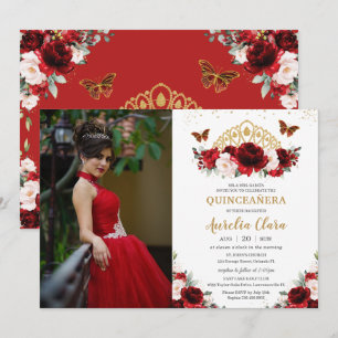 Invitation Quinceañera Rouge Blush Floral Papillons Couronne