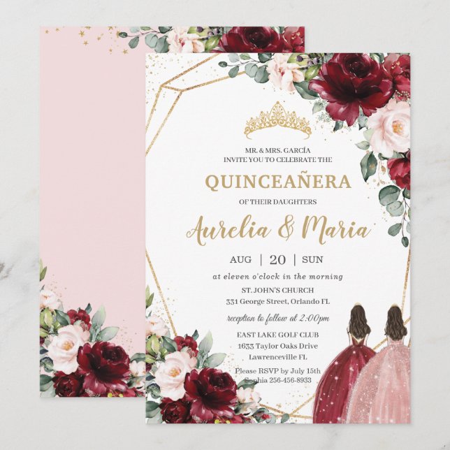 Invitation Quinceañera Rouge Blush Rose Rose Or Floral Twins (Devant / Derrière)