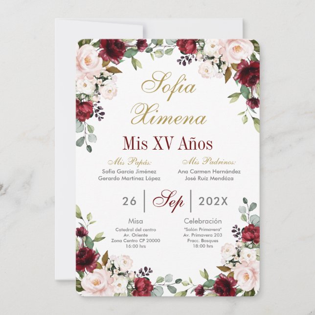Invitation Quinceanera rouge de Bourgogne (Devant)