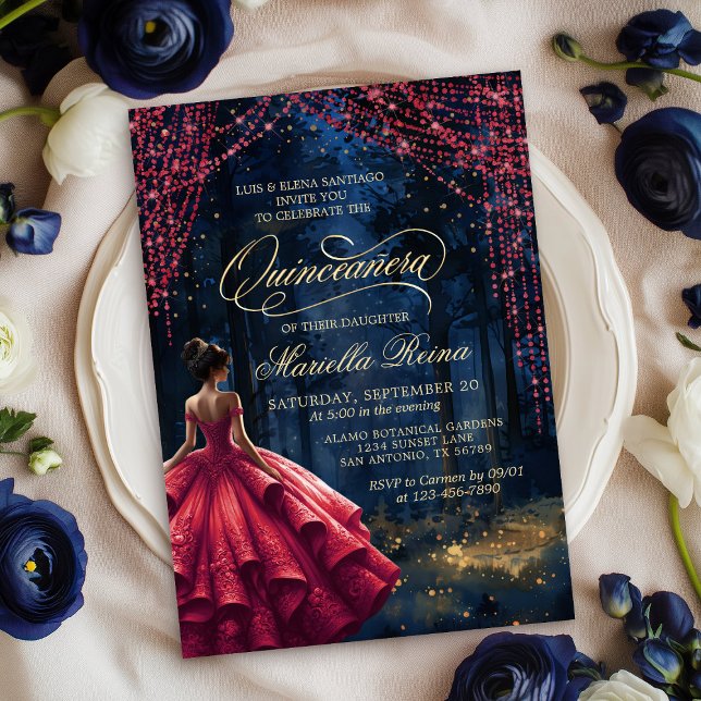 Invitation Quinceañera rouge de forêt enchantée (Créateur téléchargé)
