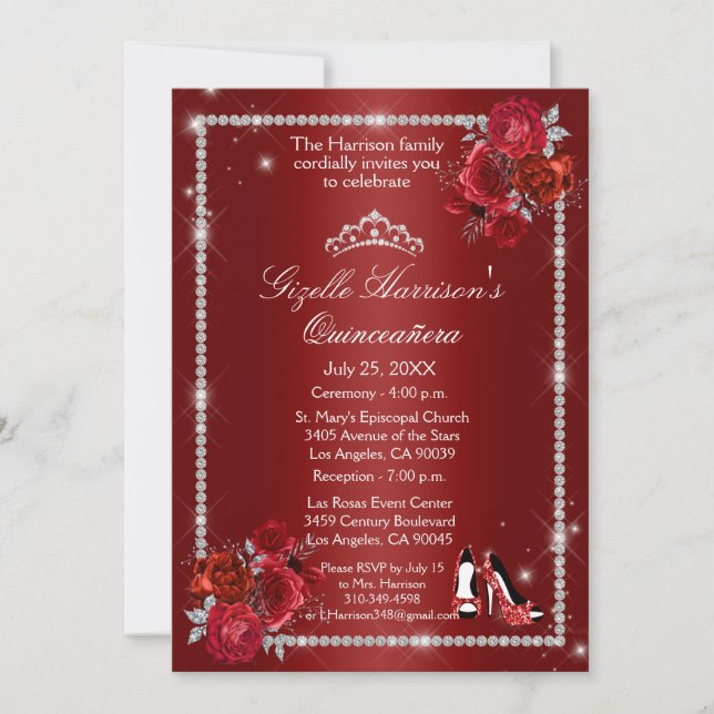 Invitation Quinceanera Rouge et argent Floral Élégant (Devant)