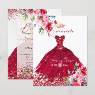 Invitation Quinceanera rouge étincelle Fleurs d'Aquarelle dan