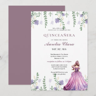 Invitation Quinceañera Rouge floral papillon violet