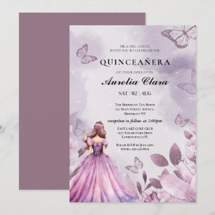Invitation Quinceañera Rouge floral papillon violet
