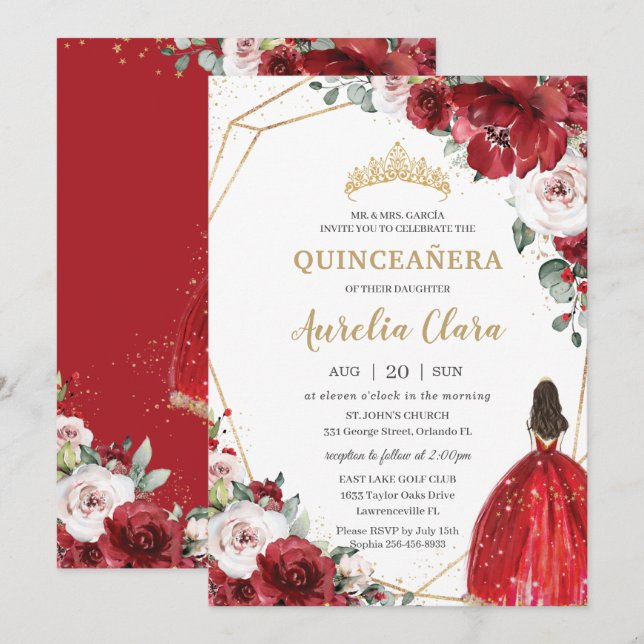 Invitation Quinceañera Rouge ivoire Blush Floral Princesse (Devant / Derrière)
