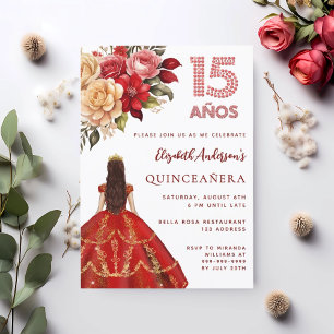 Invitation Quinceanera rouge or robe florales rose blanc