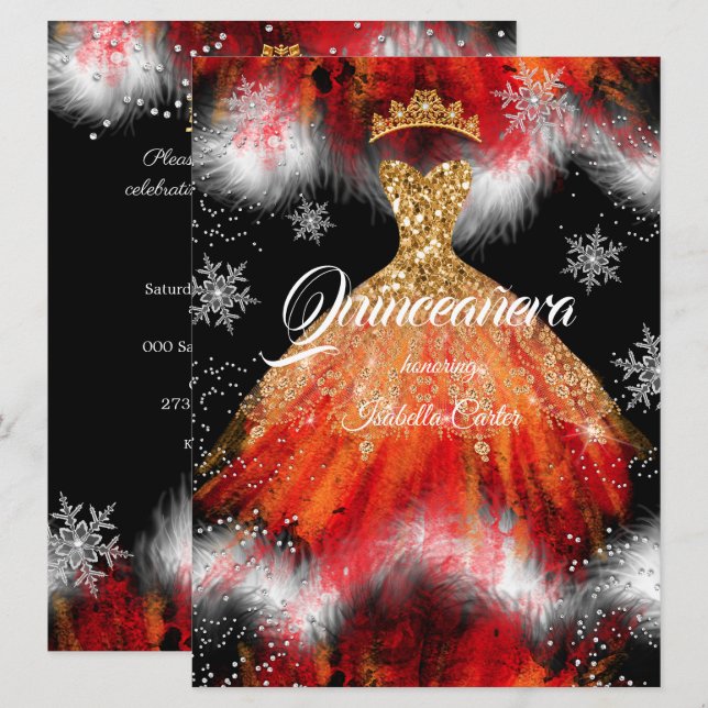Invitation Quinceanera rouge orange glace flocon de neige rob (Devant / Derrière)