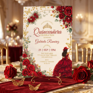 Invitation Quinceañera rouge papillons roses dorées