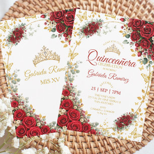 Invitation Quinceañera rouge papillons roses dorées