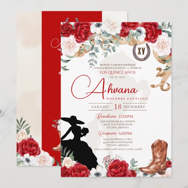 Invitation Quinceanera Rouge Rose Anemone Fancy Charra/Cowgir (Devant / Derrière)