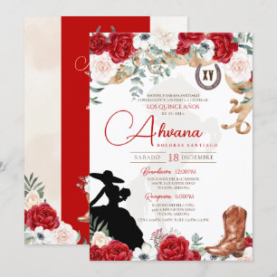 Invitation Quinceanera Rouge Rose Anemone Fancy Charra/Cowgir