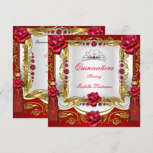 Invitation Quinceanera Rouge Royale Or Rose Pompons Diadème