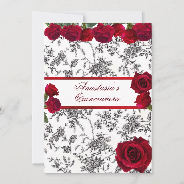 Invitation Quinceanera Rouge Satin Rouge Roses Noir Blanc Toi (Devant)