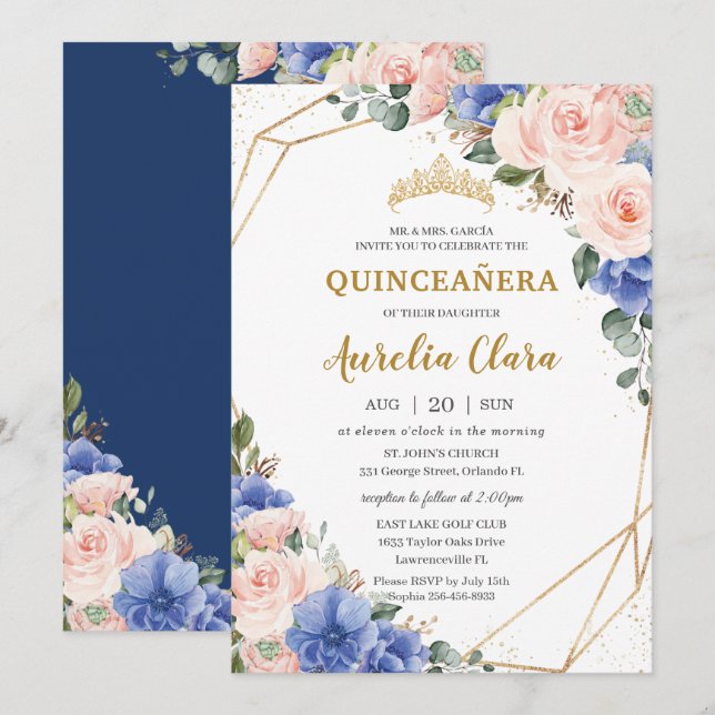 Invitation Quinceañera Royal Blue Blush Floral Gold Tiara (Devant / Derrière)